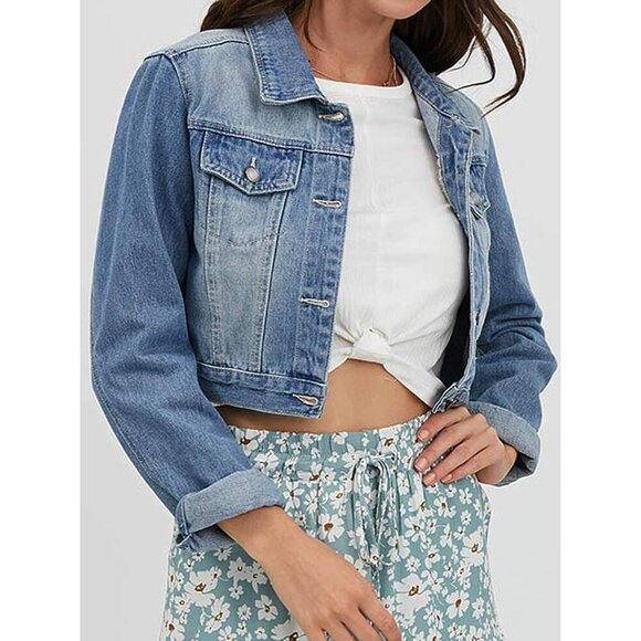 Brand New Women's Acid Blue Washed Cotton Fitted Cropped Denim Jacket Casual - Picture 5 of 7